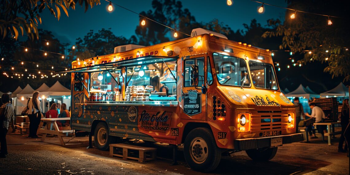 A cheerful orange food truck adorned with decorative lights and vibrant designs, serving food items to customers amidst an energetic night fair setup with string lights.