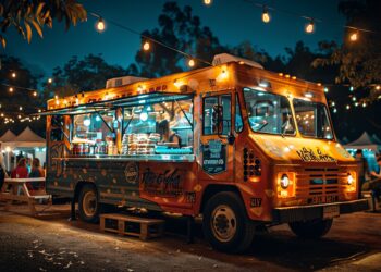 A cheerful orange food truck adorned with decorative lights and vibrant designs, serving food items to customers amidst an energetic night fair setup with string lights.