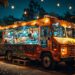 A cheerful orange food truck adorned with decorative lights and vibrant designs, serving food items to customers amidst an energetic night fair setup with string lights.