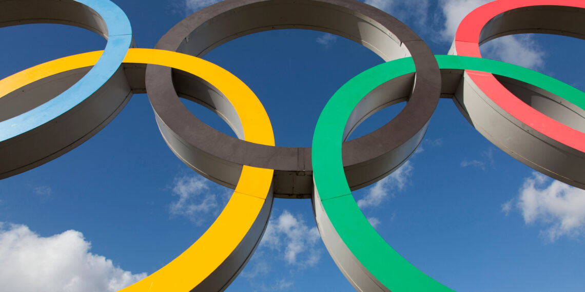 LONDON, UK - February 15th 2018: The Olympic symbol, made up of five interconnected coloured rings, under a blue sky