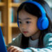 A girl wearing a blue headset is using a laptop for an online school class.
