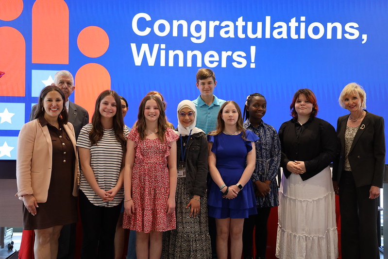 The Civics Bee finalists and the judges.