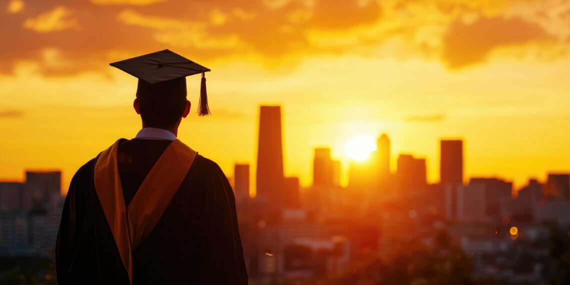 A graduate standing against a sunset, symbolizing achievement and a new beginning in the city skyline.