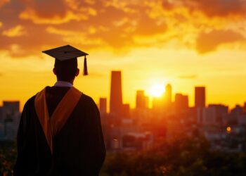 A graduate standing against a sunset, symbolizing achievement and a new beginning in the city skyline.