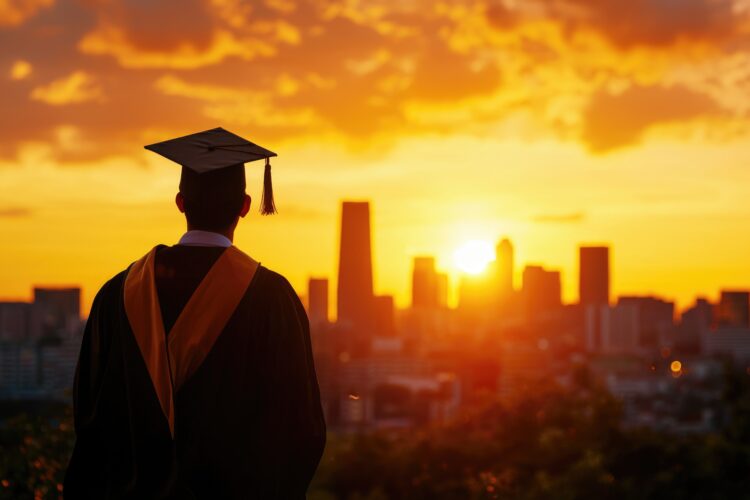 A graduate standing against a sunset, symbolizing achievement and a new beginning in the city skyline.