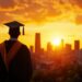 A graduate standing against a sunset, symbolizing achievement and a new beginning in the city skyline.