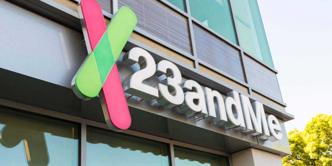Mountain View, California - April 26, 2018: A logo sign outside of the headquarters of 23andMe. The company is an American personal genomics and biotechnology company based in Mountain View, California