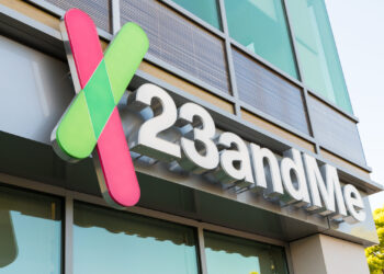 Mountain View, California - April 26, 2018: A logo sign outside of the headquarters of 23andMe. The company is an American personal genomics and biotechnology company based in Mountain View, California