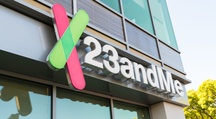 Mountain View, California - April 26, 2018: A logo sign outside of the headquarters of 23andMe. The company is an American personal genomics and biotechnology company based in Mountain View, California