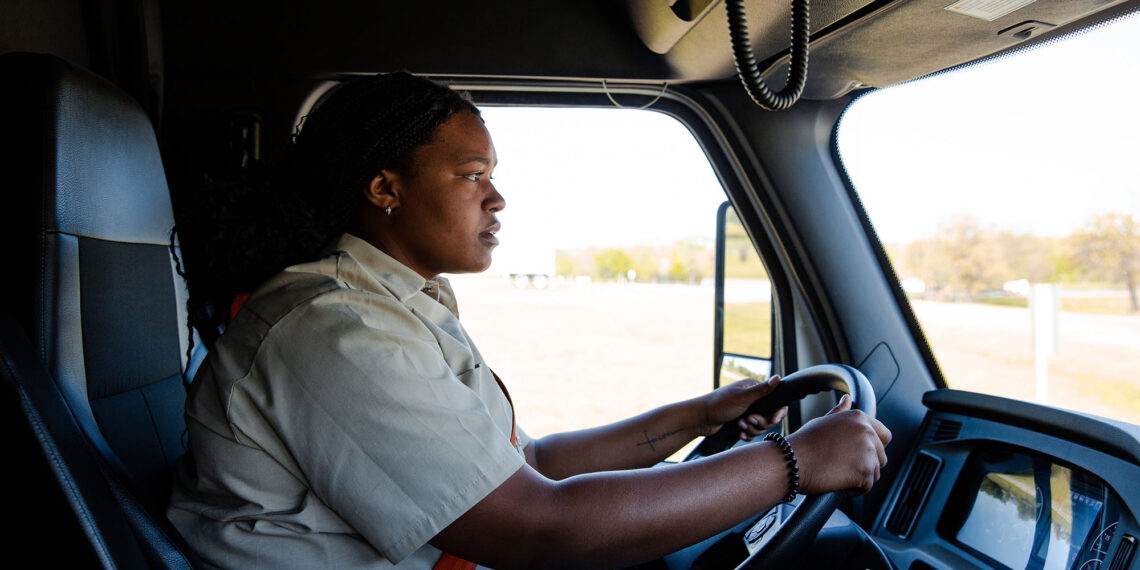 A Central Technology Center Class A CDL student behind the wheel of a semi-truck.