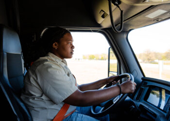 A Central Technology Center Class A CDL student behind the wheel of a semi-truck.