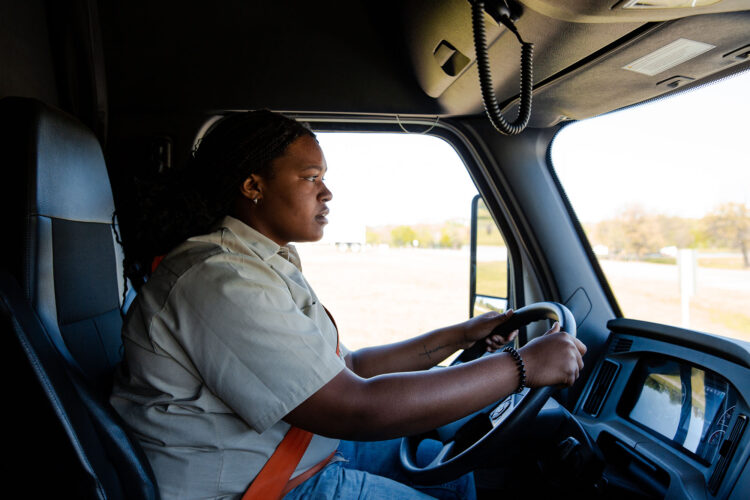 A Central Technology Center Class A CDL student behind the wheel of a semi-truck.
