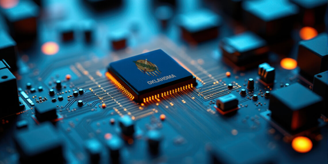 A Oklahoma flagged microchip sits at the center of a circuit board, surrounded by glowing components, symbolizing role in technological innovation and semiconductor design.