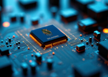 A Oklahoma flagged microchip sits at the center of a circuit board, surrounded by glowing components, symbolizing role in technological innovation and semiconductor design.