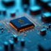 A Oklahoma flagged microchip sits at the center of a circuit board, surrounded by glowing components, symbolizing role in technological innovation and semiconductor design.