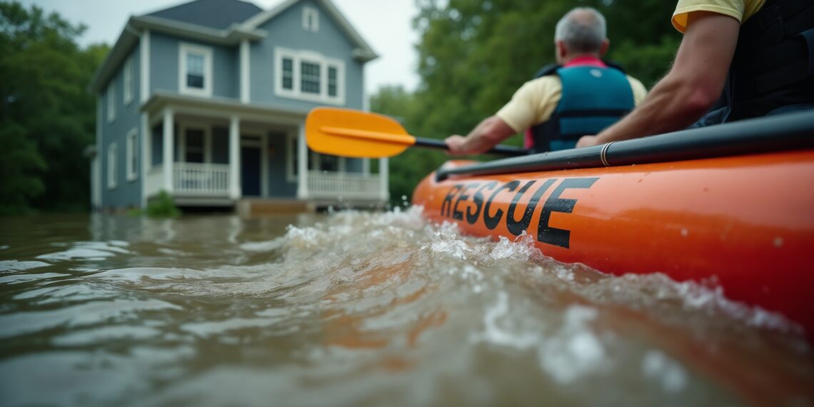 Flooding 2025. Rescuers in an inflatable rescue boat with the text 'Rescue' approach a flooded house to save residents trapped inside due to high water. AI-generated image