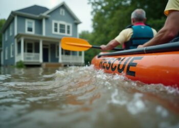 Flooding 2025. Rescuers in an inflatable rescue boat with the text 'Rescue' approach a flooded house to save residents trapped inside due to high water. AI-generated image