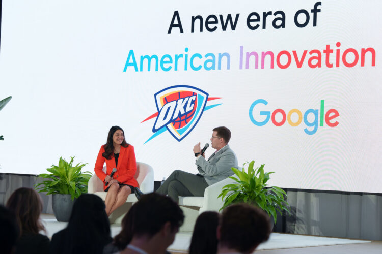 U.S. Representative Stephanie Bice has a conversation with Jeff Seymour, President of the Oklahoma City Innovation District, after  Google announces $5 Million in funding for collaborations with the Oklahoma Thunder at Paycom Center in Oklahoma City, Oklahoma, November 11, 2025. (David Lienemann/Pinpoint Productions)