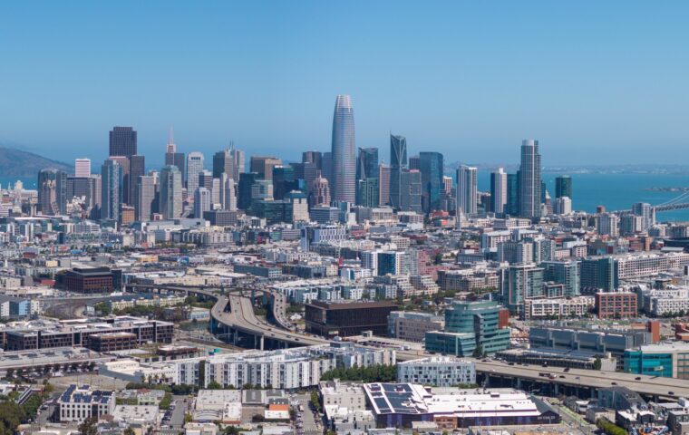San Francisco’s downtown skyline, including Salesforce Tower and the Bay Bridge.